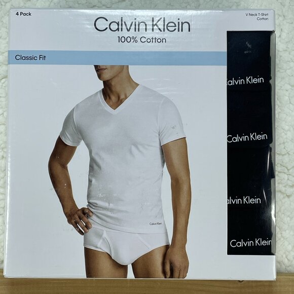 Calvin Klein T-Shirt Mens Medium Black Cotton V-Neck Box of 4 Classic Fit NWT - Picture 1 of 5